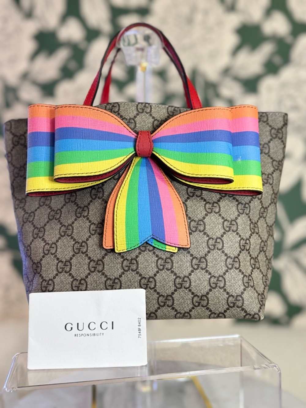 Gucci Authentic Brown GG Canvas Tote with Multicolor Rainbow Bow EUC